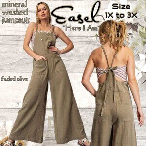 EASEL "Here I Am" Mineral Washed Wide Leg Jumpsuit Adjustable Tie Straps Pockets